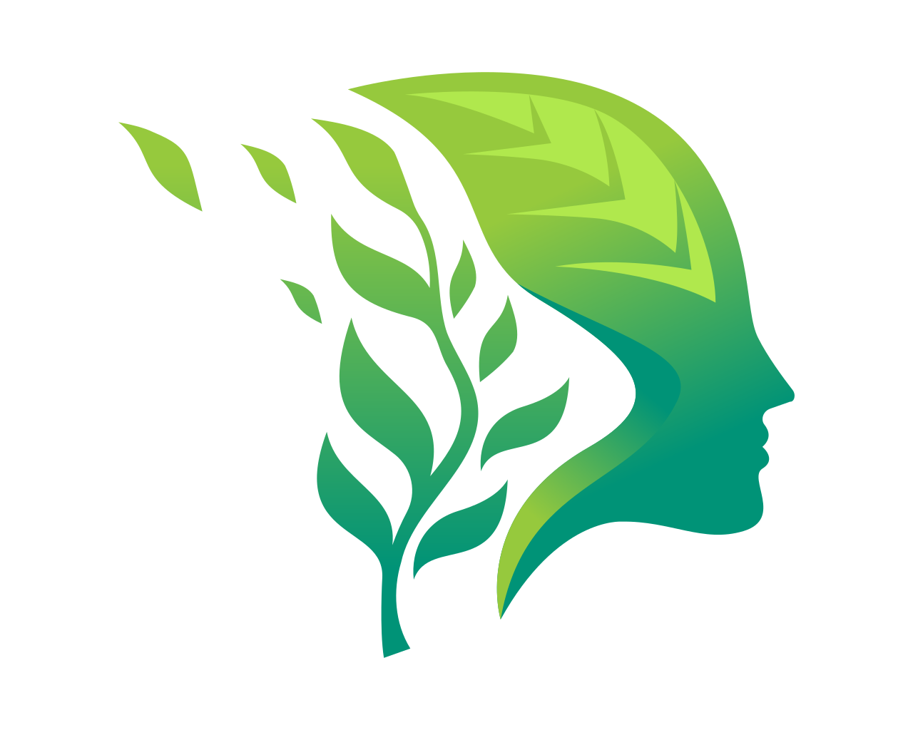 Green leaf silhouette forming a human profile with sprouting leaves inside, symbolizing nature or eco wellness