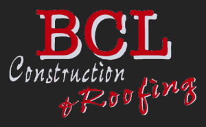 Logo for BCL Construction & Roofing with red letters on a black background.