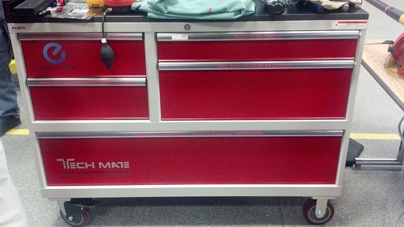 A red tech mate toolbox is sitting on the floor | Autotrends