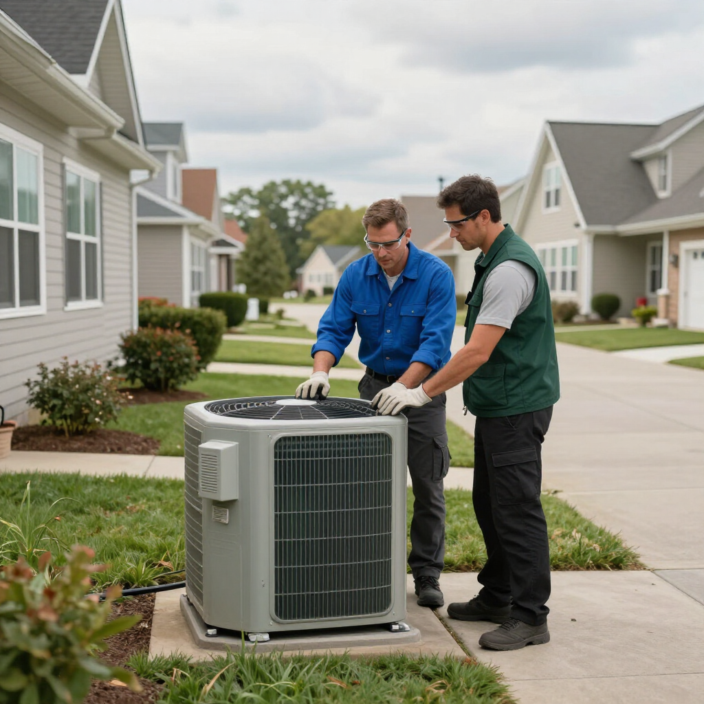 Two technicians in work uniforms examine an outdoor residential air conditioning unit.