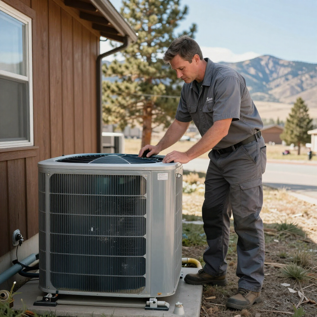 A technician in a gray uniform inspecting an outdoor residential air conditioning unit.