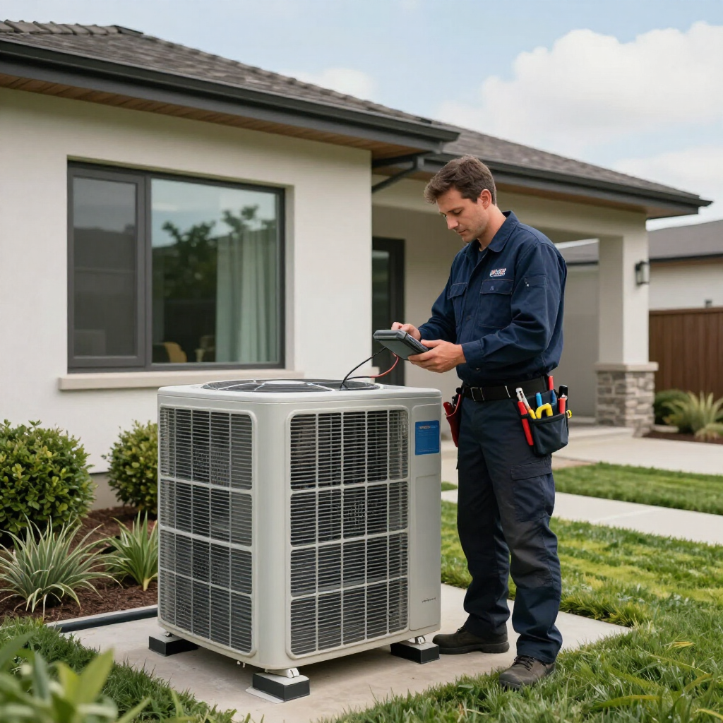 A technician in a blue uniform checks a residential air conditioning unit outside a house.
