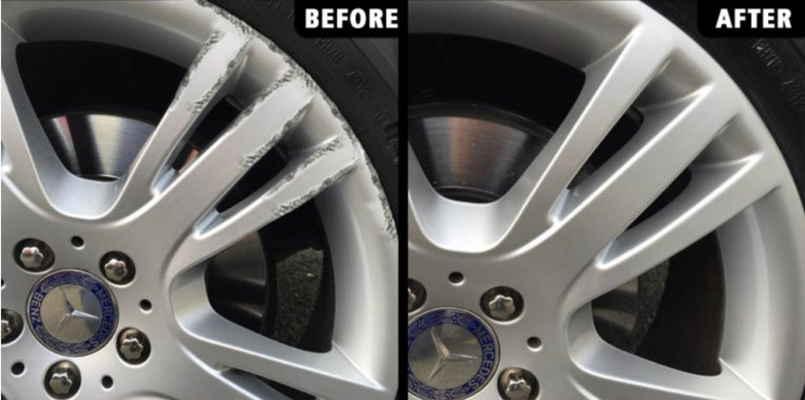 A before and after picture of a mercedes wheel