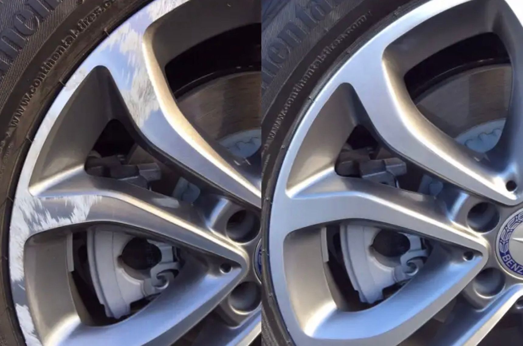 A before and after photo of a car wheel