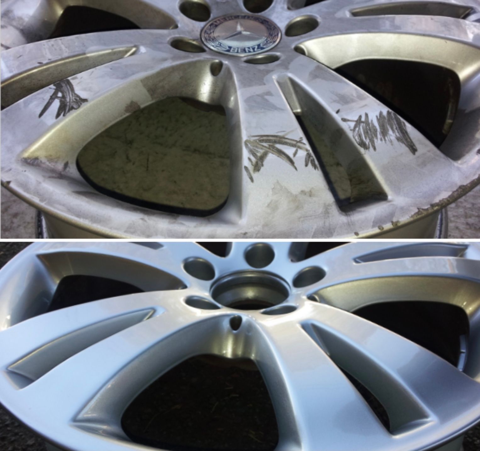 A mercedes wheel is shown before and after being repaired