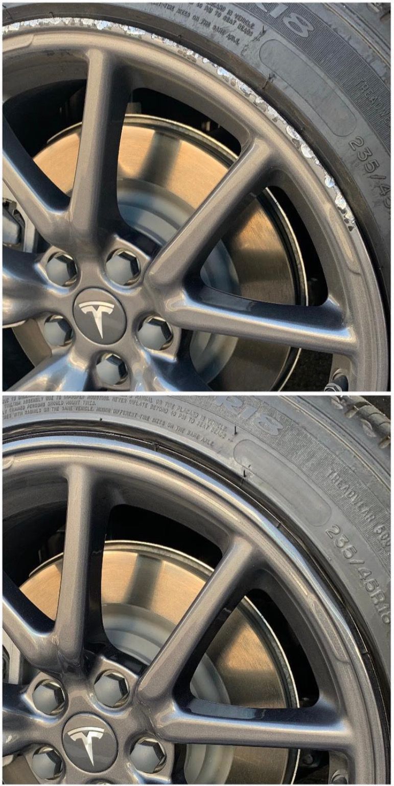 A close up of a tesla model 3 wheel and tire.