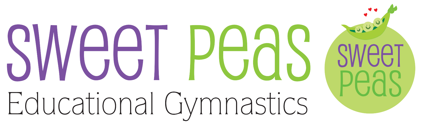 The logo for sweet peas educational gymnastics is green and purple.