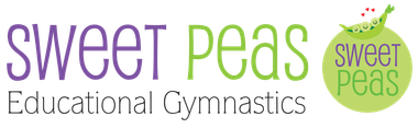 The logo for sweet peas educational gymnastics is green and purple.