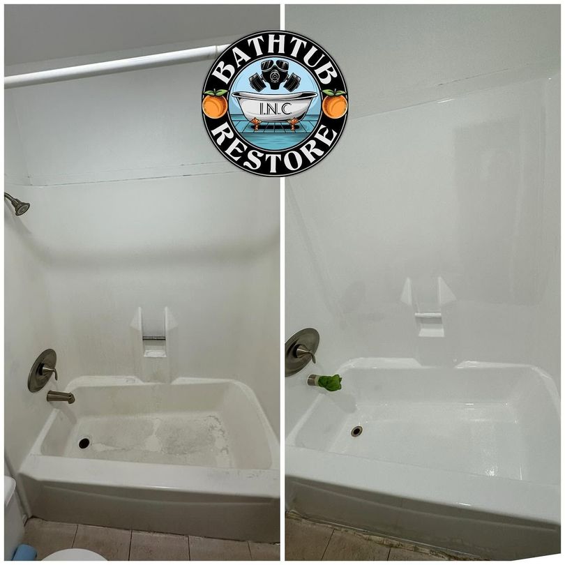 Before-and-after bathroom tub cleanup: left dirty white tub, right clean white tub with green scrub sponge.