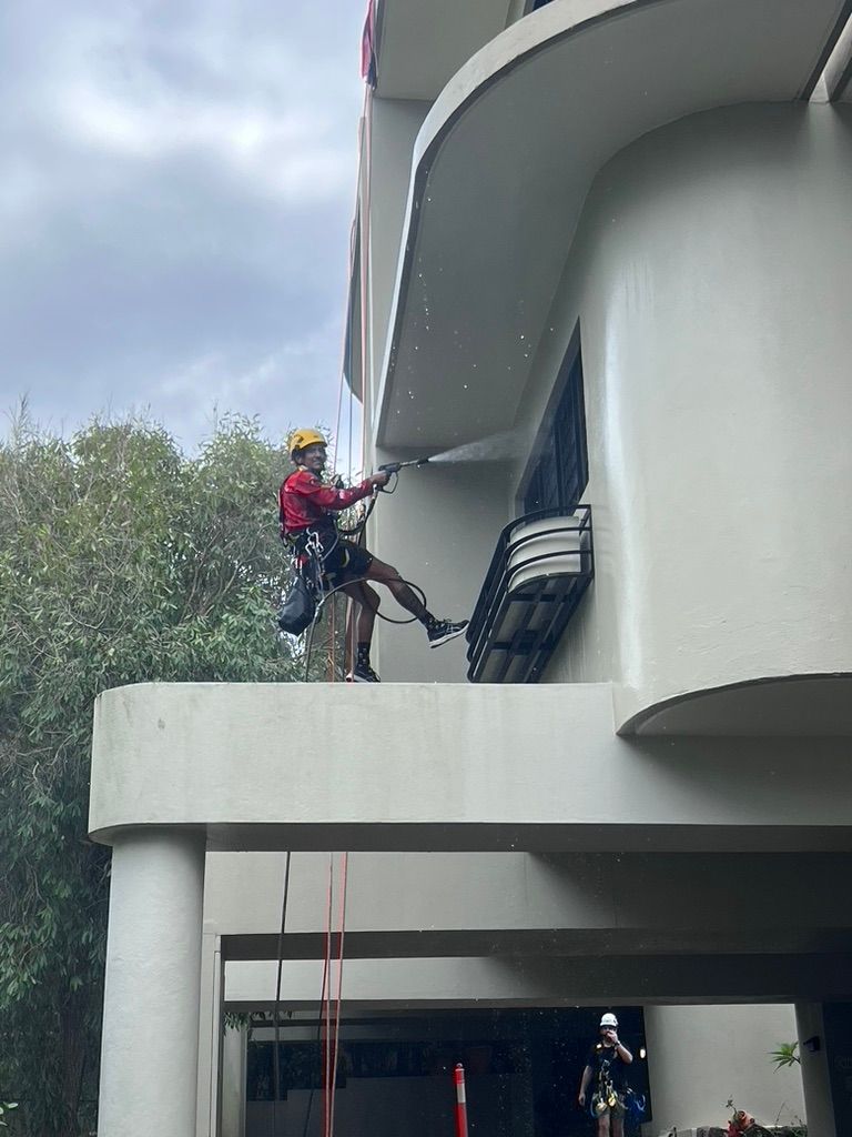 A Man is Standing on the Side of a Building — Dezigner Finishes Professional Painting & Decorating in Sunshine Coast, QLD
