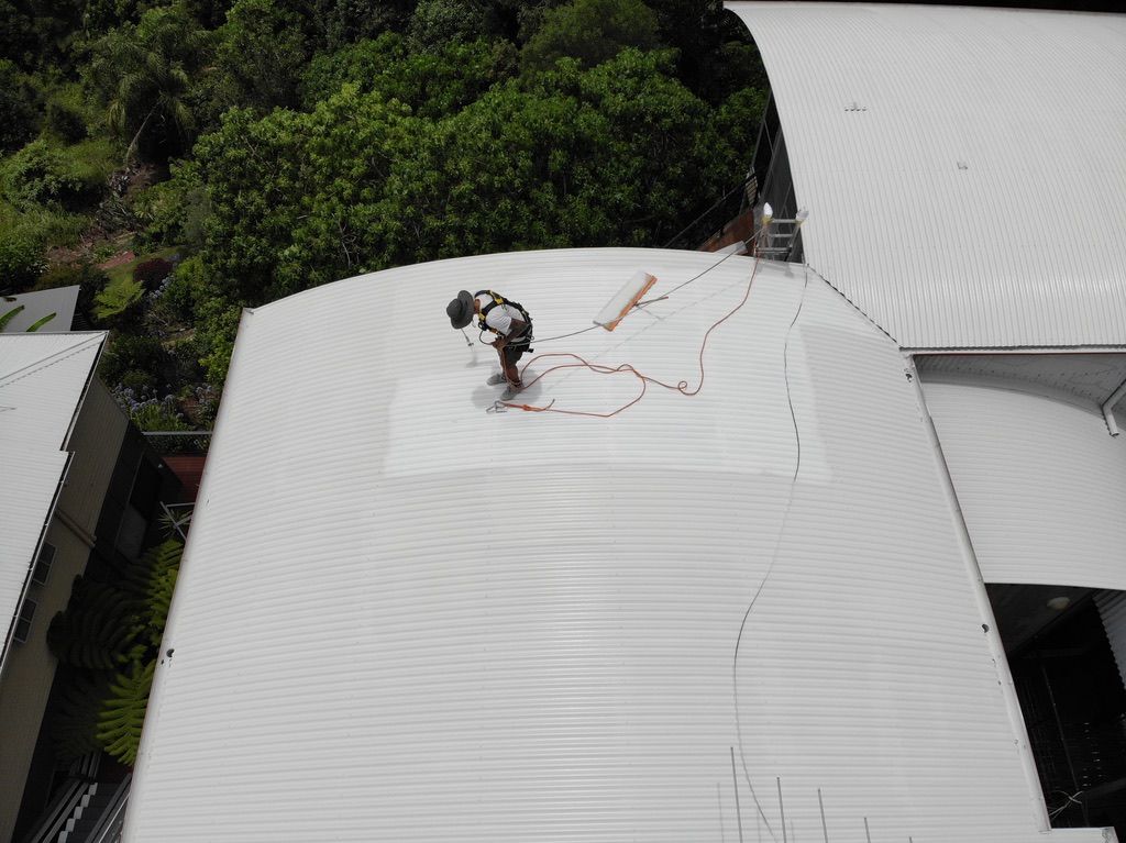 An Aerial View of a Person Painting a Roof — Dezigner Finishes Professional Painting & Decorating in Palmview, QLD