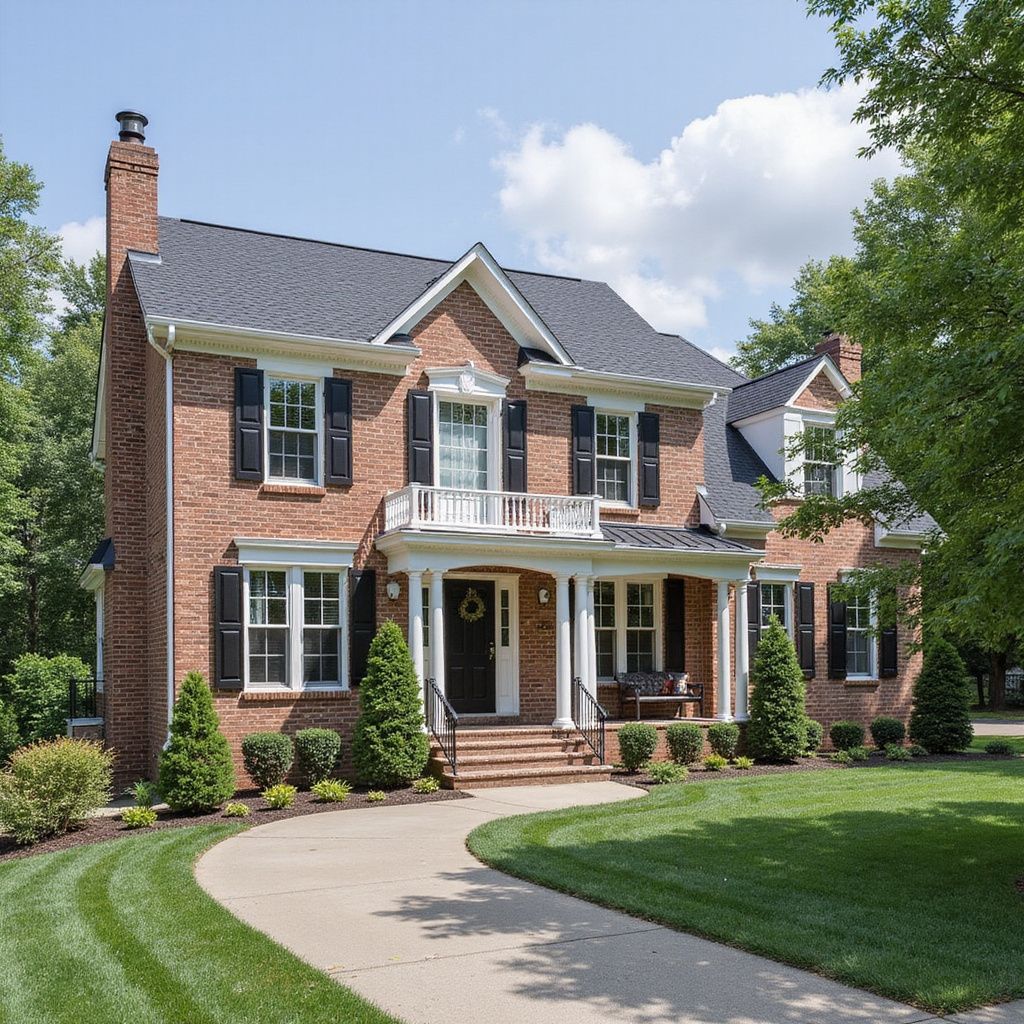 Brick house with black shutters and a white porch on a large green lawn.