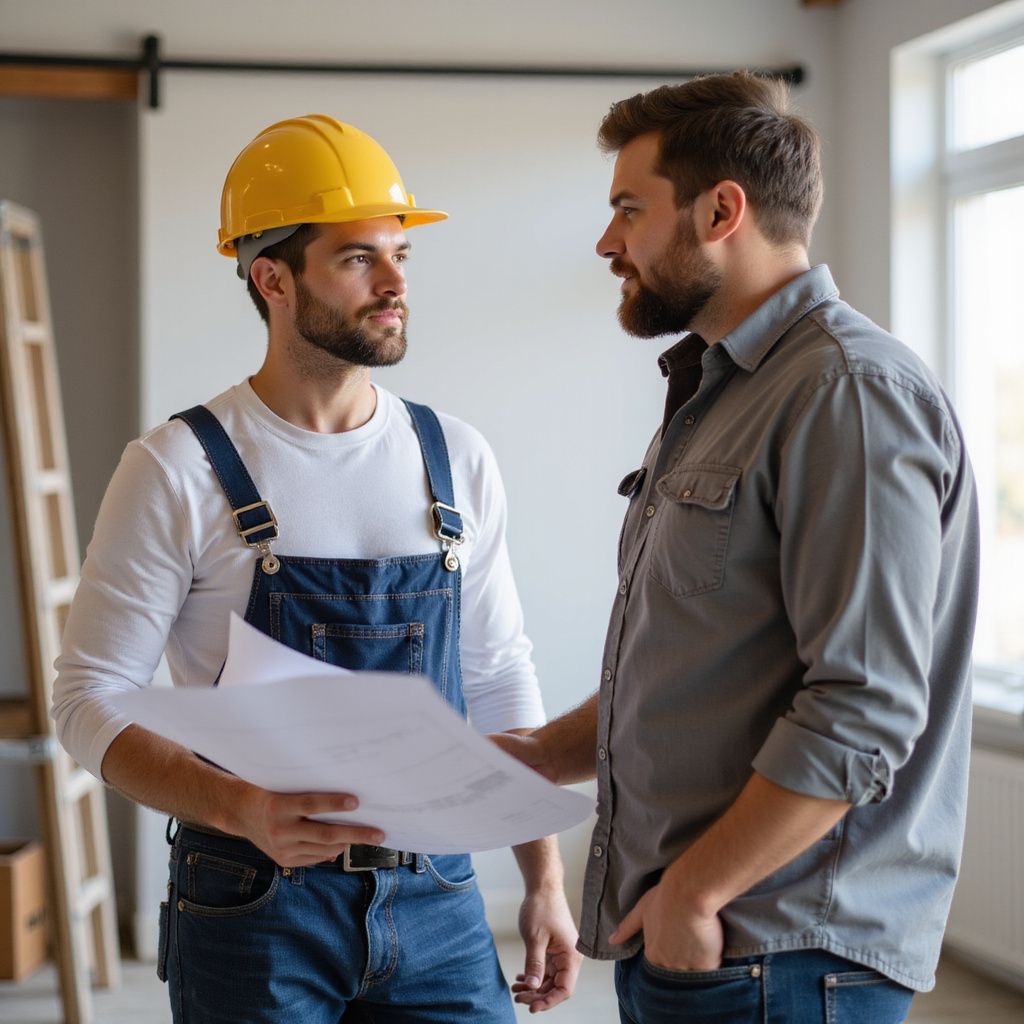 Construction worker and client discussing blueprints in a partially renovated room.