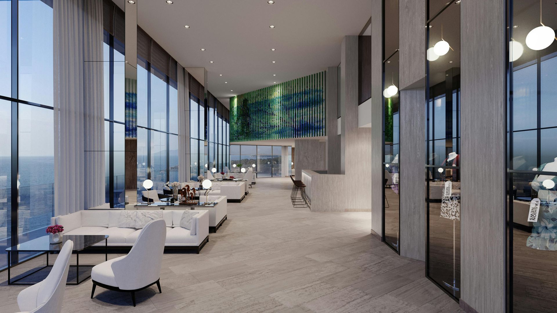 A large room with a lot of windows and furniture.