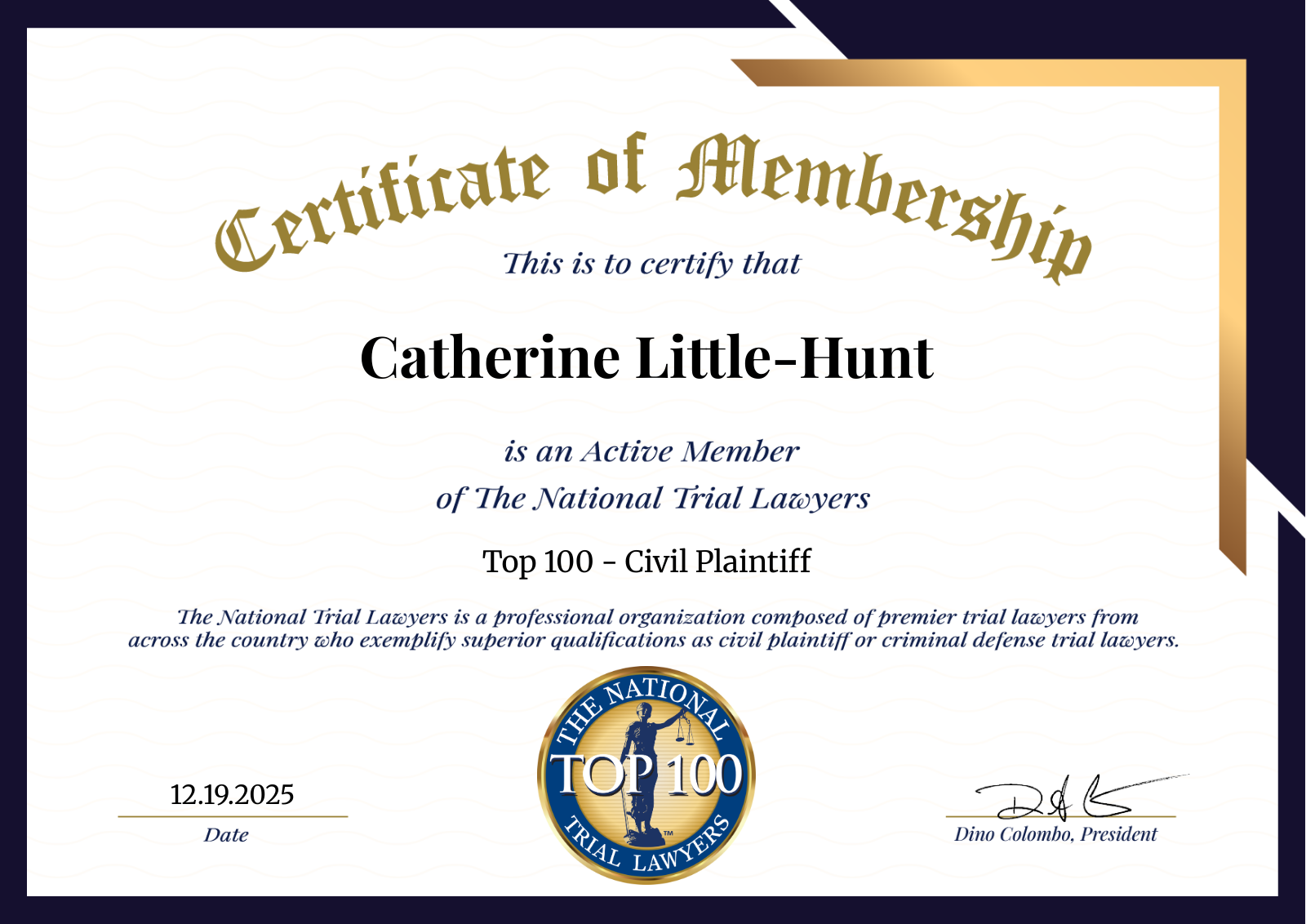 Certificate for Catherine Little-Hunt, an active member of The National Trial Lawyers, Top 100 - Civil Plaintiff.