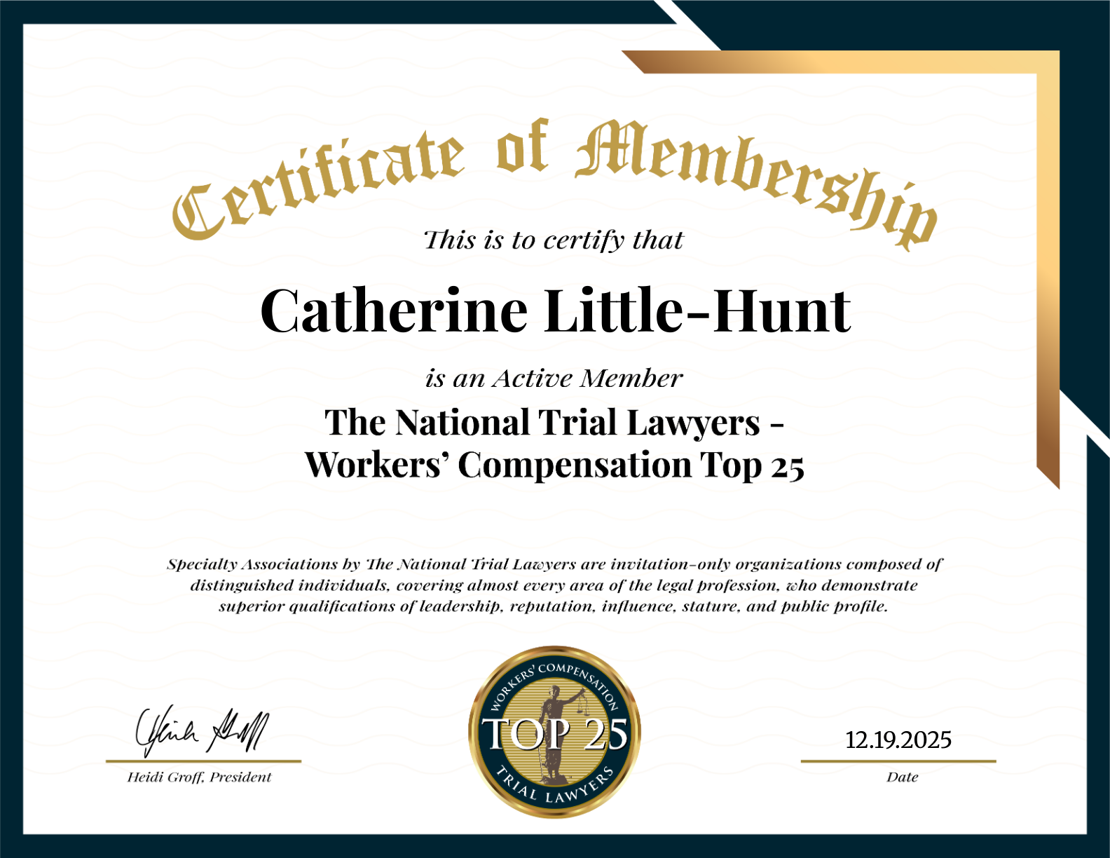 Certificate of Membership for Catherine Little-Hunt,