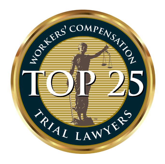 Top 25 Workers' Compensation Trial Lawyers badge. Gold and navy with Lady Justice statue.