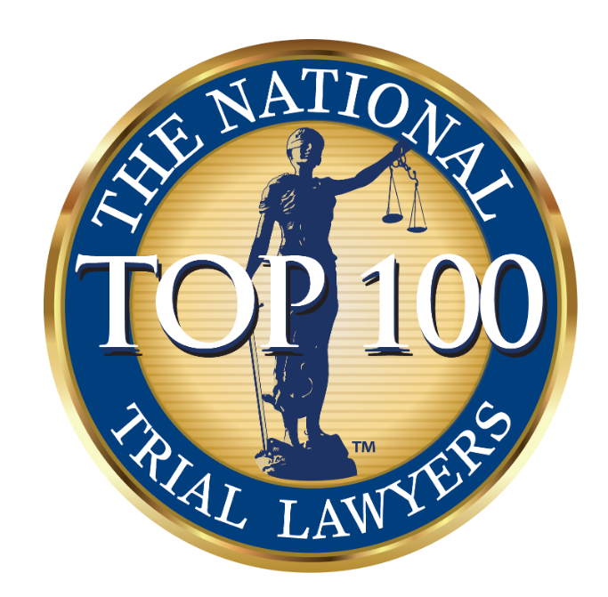 The National Trial Lawyers Top 100 badge: Lady Justice holding scales, blue and gold circular seal.