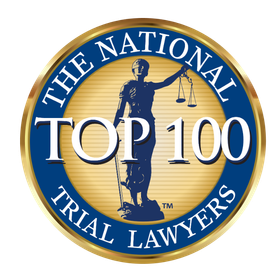The National Trial Lawyers Top 100 badge: Lady Justice holding scales, blue and gold circular seal.