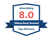 Avvo rating 8.0 for Melissa Brady Hemmert, a top attorney. Badge is blue, white, and red.