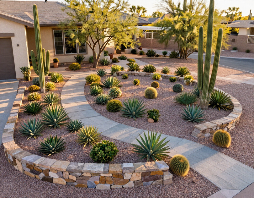 Well-maintained Arizona residential landscaping with desert plantings and stonework
