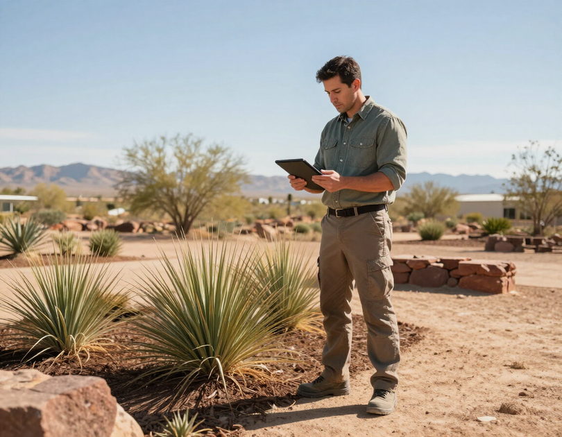 Landscaping business owner reviewing website on tablet at job site