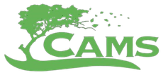 A green logo with a tree and the word cams