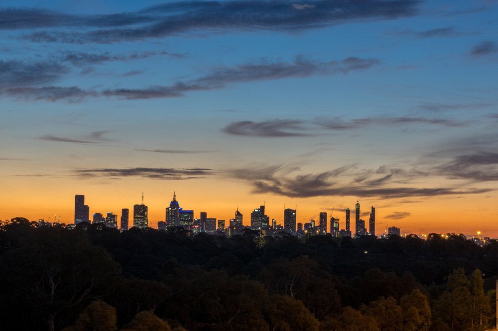 A City Skyline Is Silhouetted Against A Sunset Sky With Trees In The Foreground — Dillon Rural In Kew, NSW