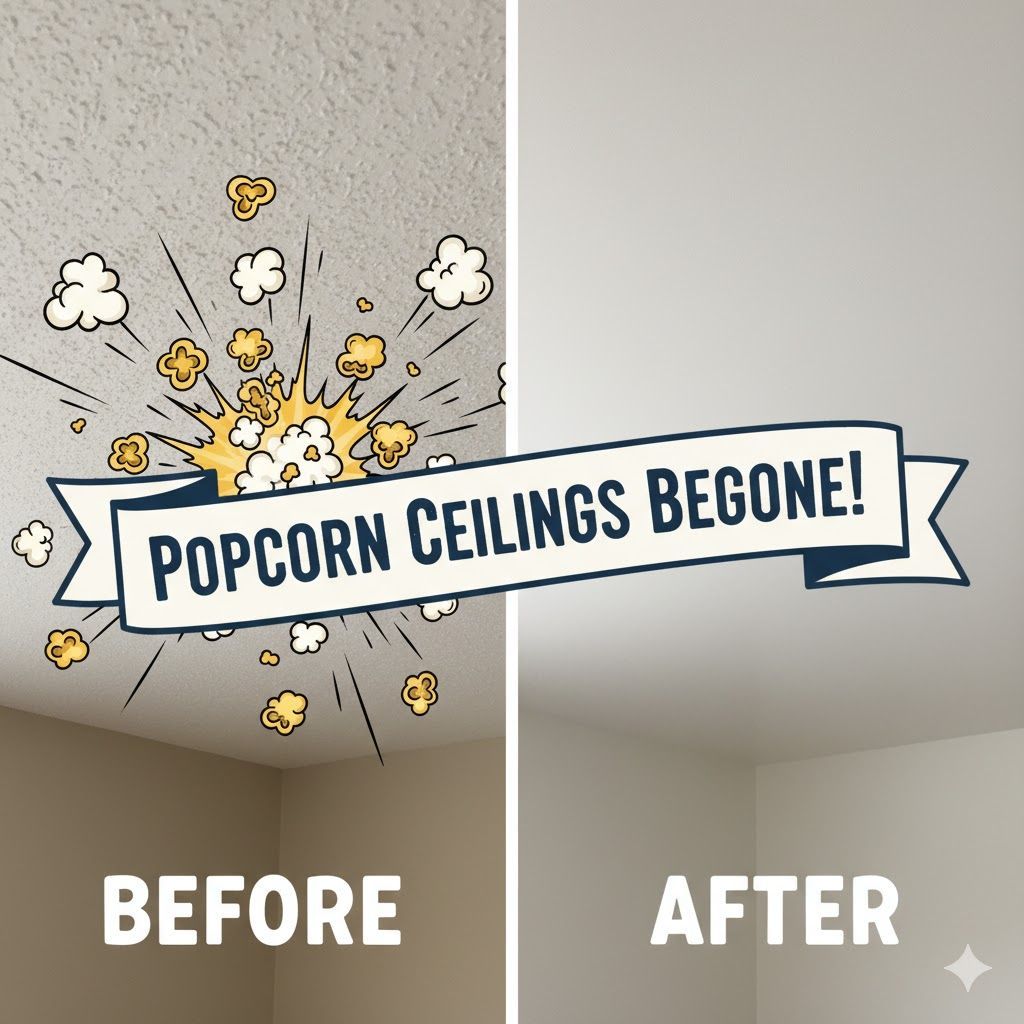 split image if ceiling before popcorn removal and after popcorn removal