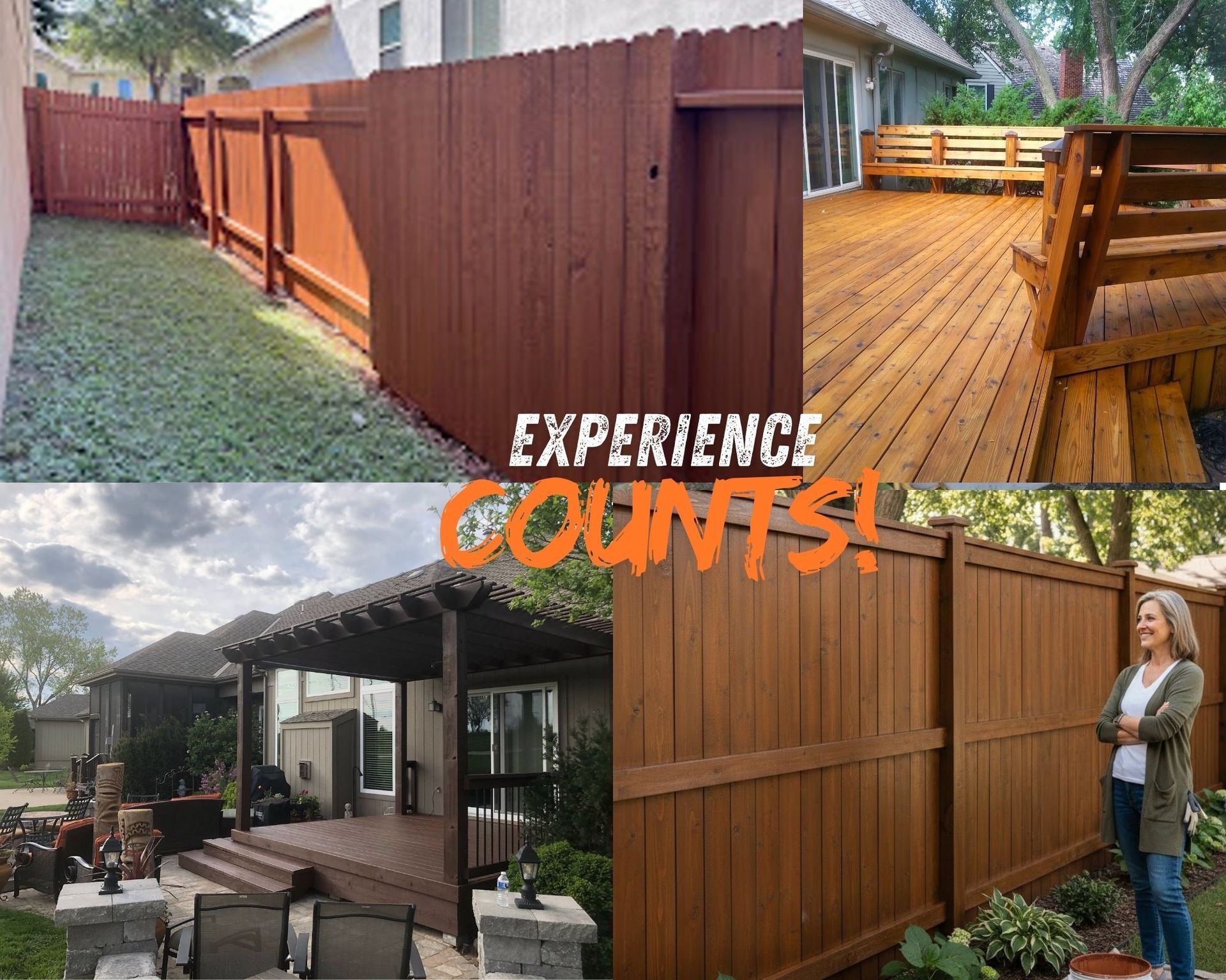 collage of 4 wood decks stained