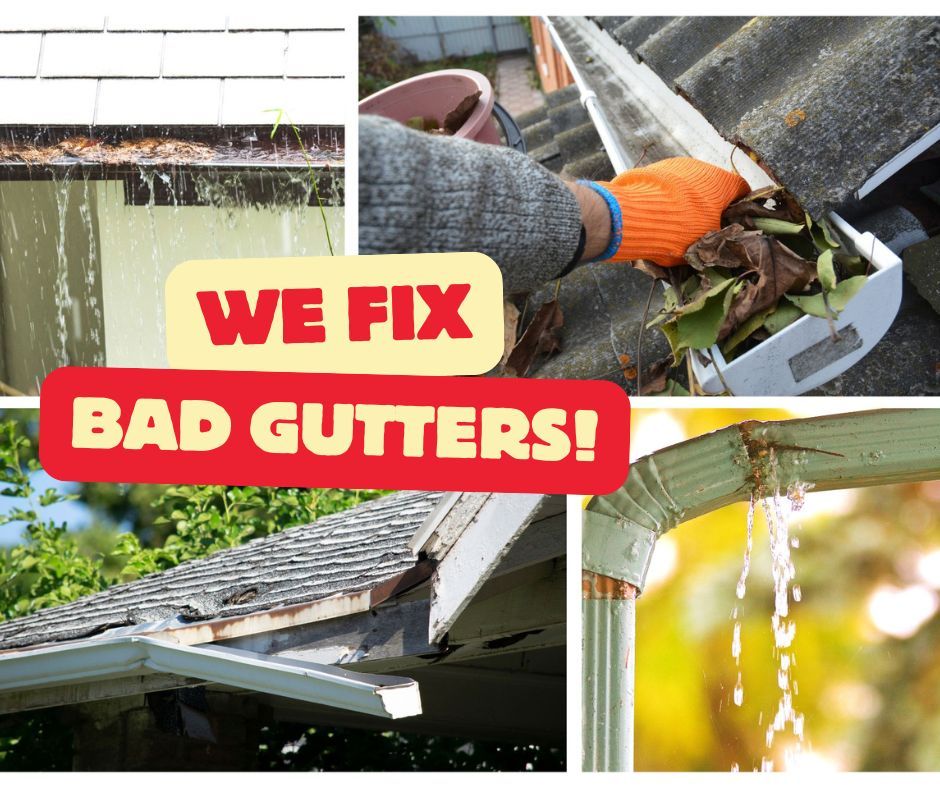 collage of 4 gutter leaking water