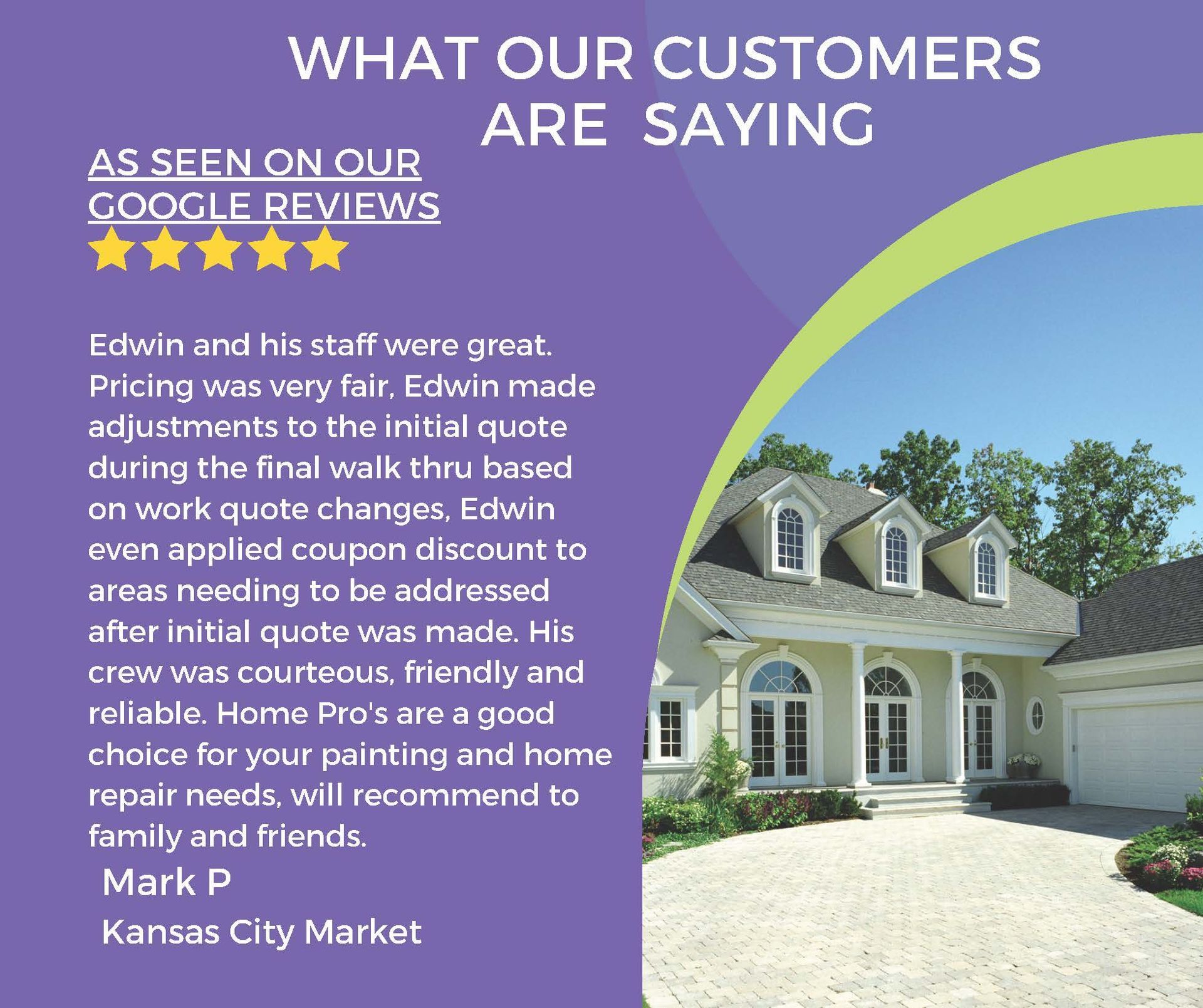 google review left by mark p of kansas city mo for home pros repairs fair pricing, courteous crew, reliable
