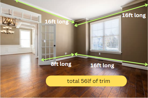 Empty living room interior into dining room interior - image overlaid with lines and measurements of the upper and lower trim