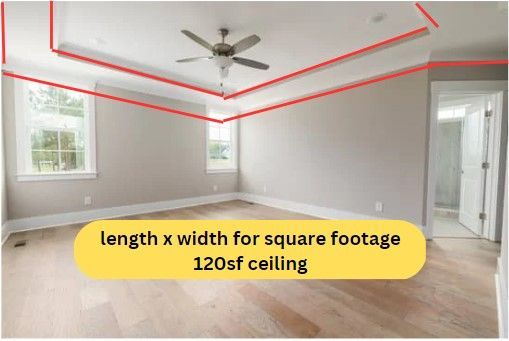 Empty bedroom interior - image overlaid with lines and measurements on each section of the tray-style ceiling