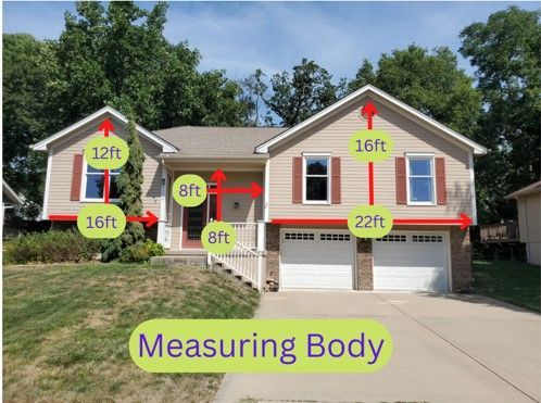 Split-level home with an overlay showing all of the body measurements of the front of the house.