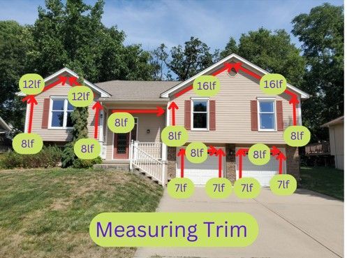 Split-level home with an overlay showing all of the trim measurements of the front of the house.