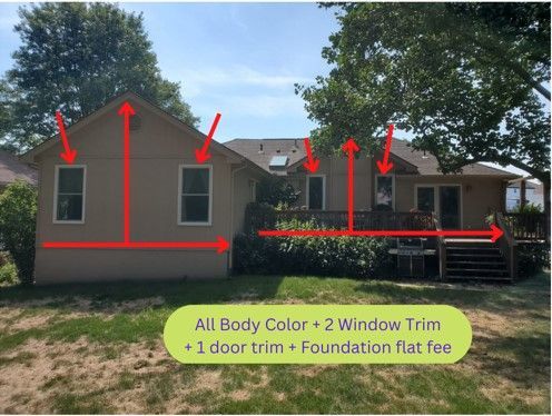 Back side of a split level home with an overlay showing all of the trim measurements.