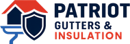 Logo of Patriot Gutters & Insulation featuring a house, shield, and gutter in red, white, and blue.