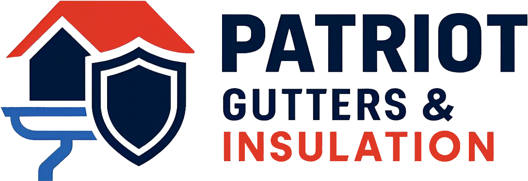 Logo of Patriot Gutters & Insulation featuring a house, shield, and gutter in red, white, and blue.