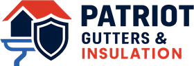 Logo of Patriot Gutters & Insulation featuring a house, shield, and gutter in red, white, and blue.