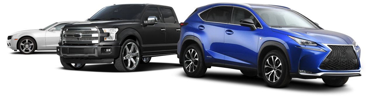 Black pickup truck beside blue SUV on a white background | Dean's Tire & Auto