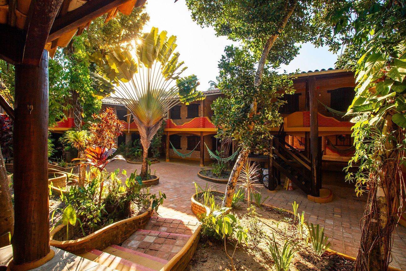 O sol está brilhando através das árvores e edifícios