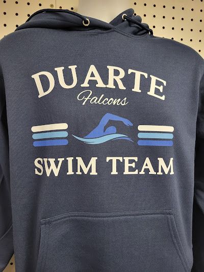 A navy blue hooded sweatshirt with 