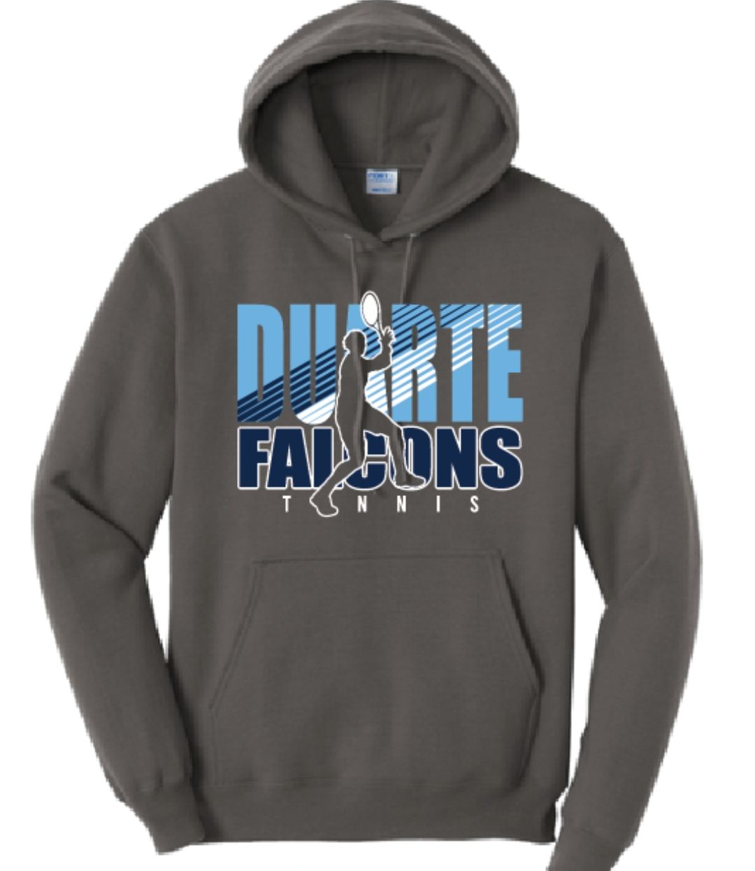 A grey hooded sweatshirt featuring 