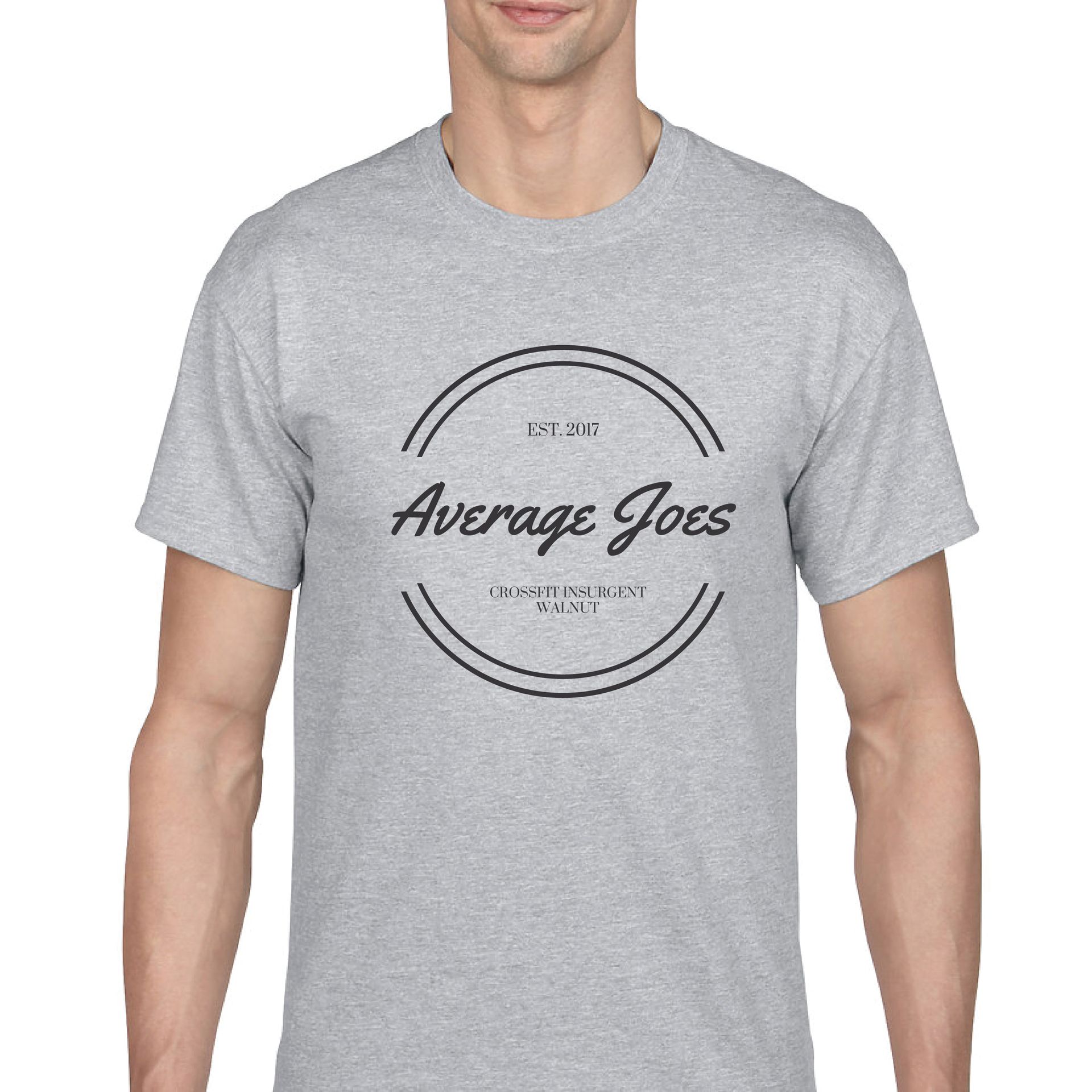 A person wearing a grey crew-neck t-shirt featuring a circular black logo that says 