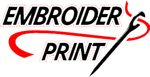 Logo for "EMBROIDER PRINT" featuring black text and a red swooping graphic element resembling a needle and thread.