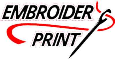 Logo for "EMBROIDER PRINT" featuring black text and a red swooping graphic element resembling a needle and thread.