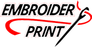 Logo for "EMBROIDER PRINT" featuring black text and a red swooping graphic element resembling a needle and thread.