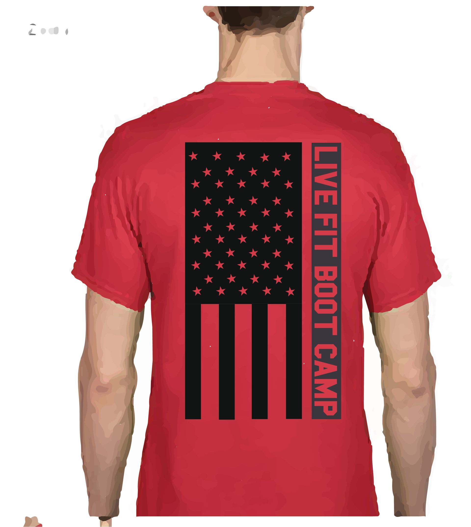 A red t-shirt seen from behind, featuring a black graphic of an American flag with text reading 