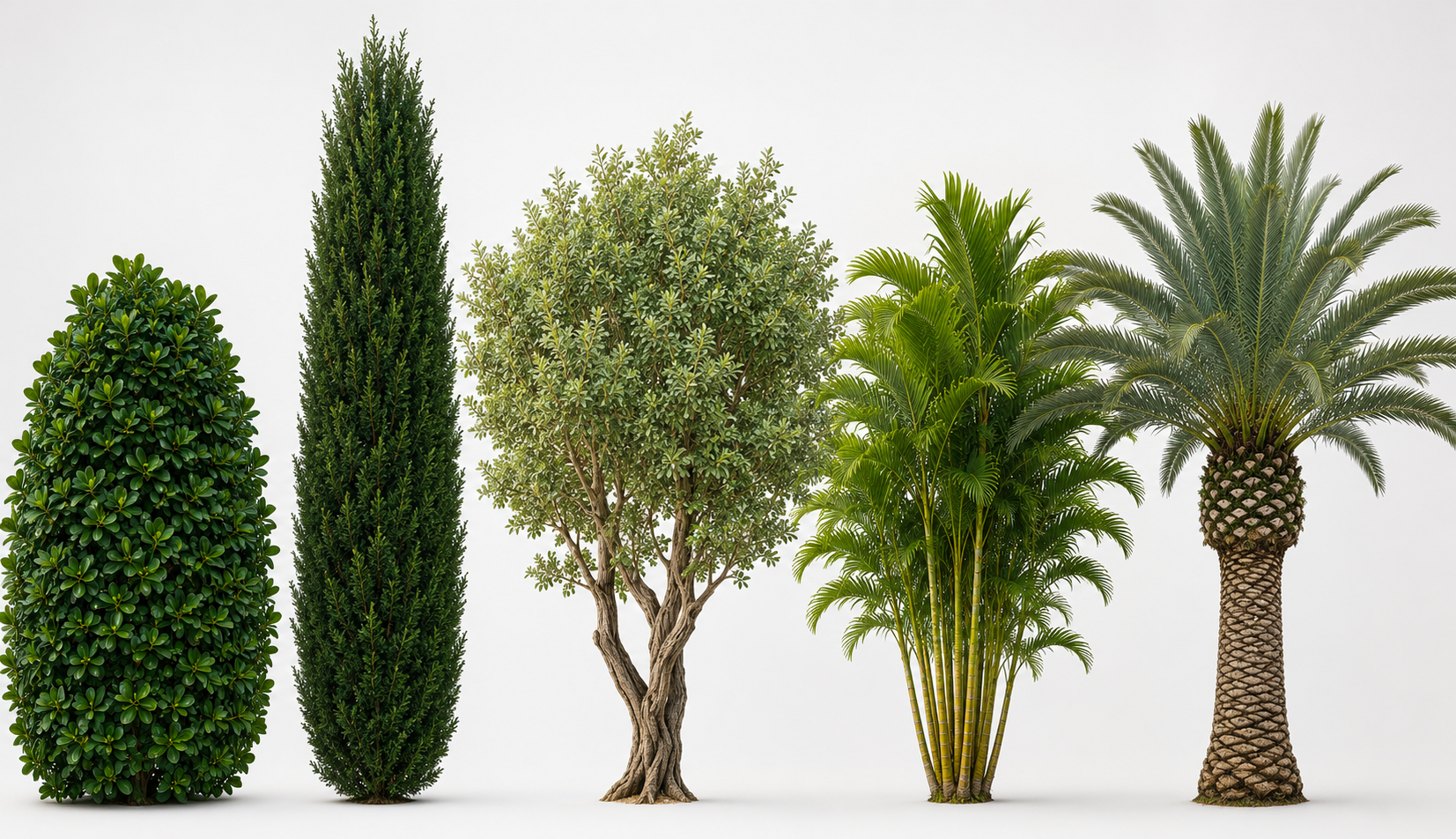 Five South Florida privacy tree and palm species side by side